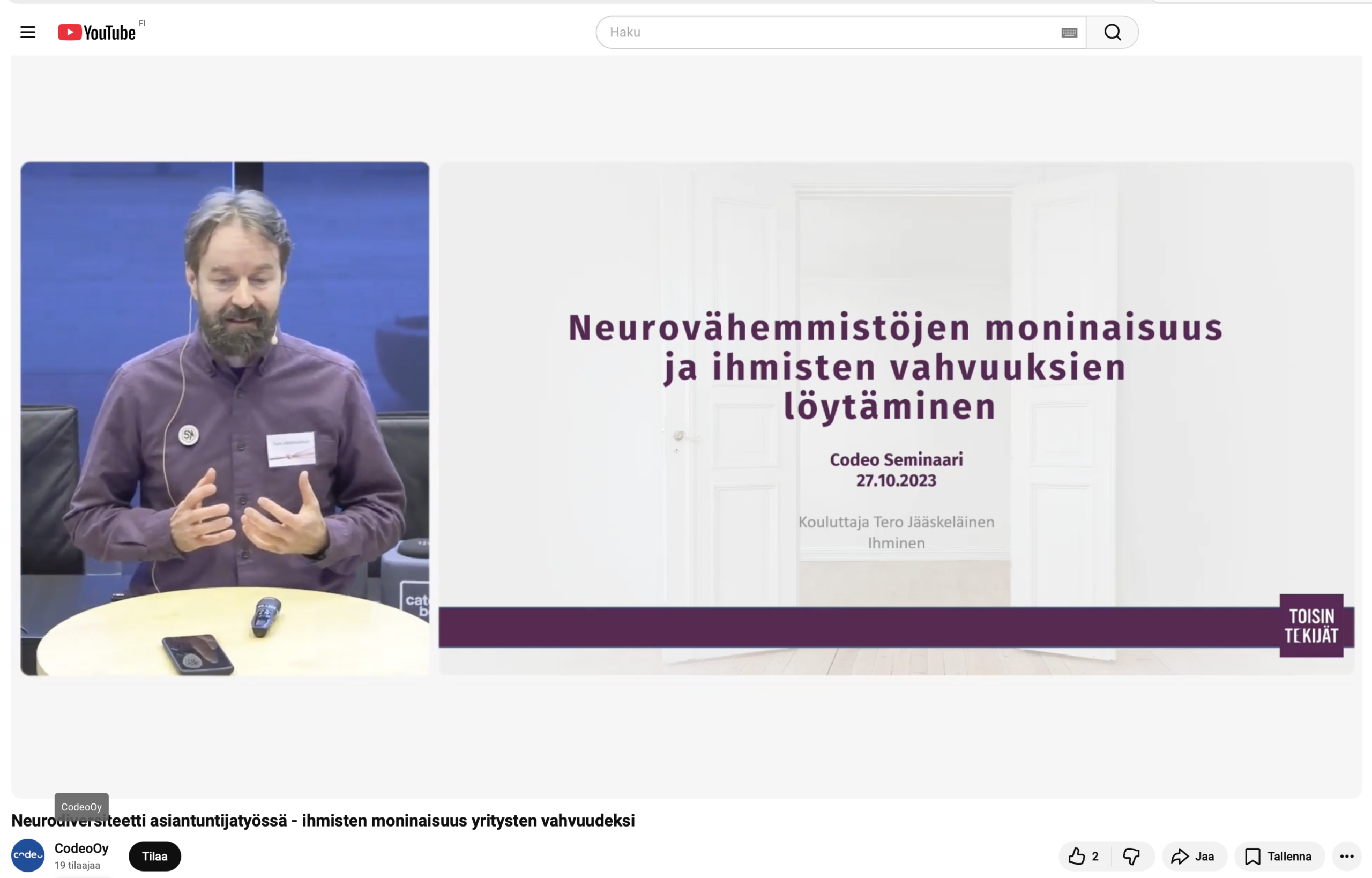 Tero Jääskeläinen Codeon seminaarissa Neurodiversiteetti asiantuntijatyössä